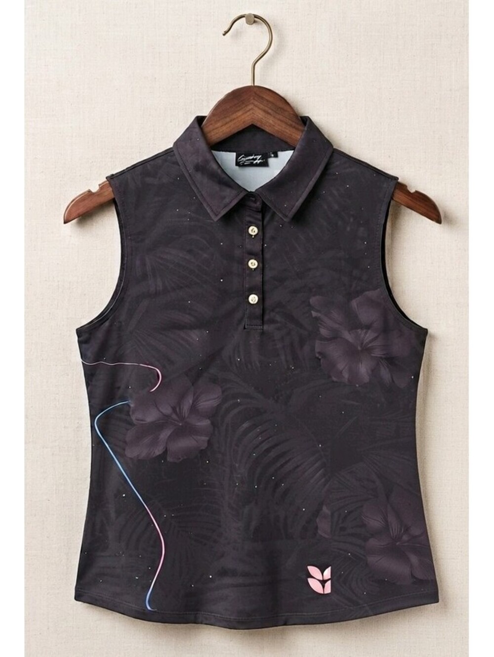 Sunday Swagger Stardust Sleeveless Golf Polo Womens L Black Pink Floral Tech 405